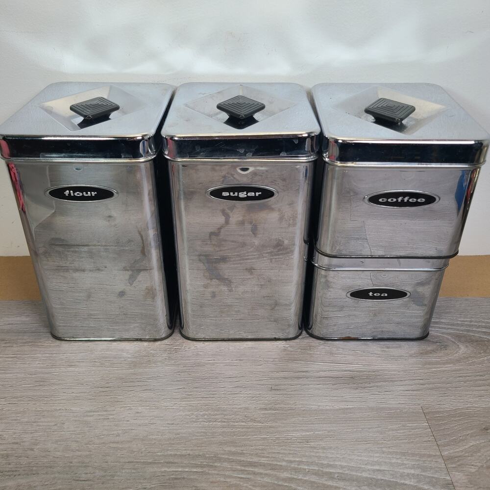 Masterware Chrome 4 Piece Canister Set with Lids Atomic Black Diamond Knobs